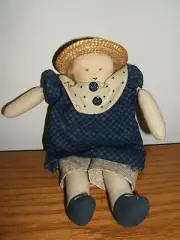 Handmade Rag Doll Girl Cloth Fabric Blue Outfit w/Straw Hat (NWOT)