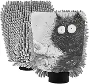 XYMZR Black White Funny Cat Absorbent Microfiber Car Wash Mitt, Funny Cute Anime Scratch Free for Cars Cleaning, Home Cleaning Mitts, 2 Pack, 10.24” L x 7.09” W