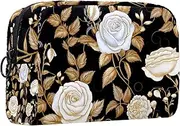 Travel Toiletry Bag,Small Makeup Bag,White Rose Flower Golden Leaves,Make up Bags for Women