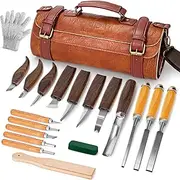 Wood Carving Kit, 20Pcs Wood Carving Tools with Leather Storage Bag, Wood Whittling Kit with 3Pcs Chisels & 8Pcs Whittling Knives & 5 Detail Carving Knives for Beginners and Enthusiasts