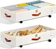 2-Pack Under Bed Storage Containers with Wheels, Clear Lid Rolling Drawers, Dustproof Organizer for Clothes & Shoes (White)