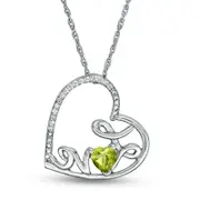 Heart-Shaped Peridot and Natural Diamond Accent Tilted "LOVE" Pendant in Sterling Silver