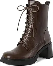 [Sammitop] Women's Lace up Combat Ankle Boots Mid Chunky Heel Short Boots Round Toe Side Zipper Fashion Heeled Booties Shoes 2.8 Inch