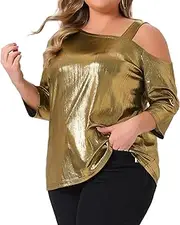 [Agnes Orinda] Women's Plus Size Metallic Tops One Shoulder 3/4 Sleeve Sparkle Shiny Tee Blouse Shirts
