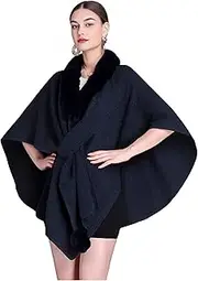 [Proumhang] Women's Faux Fur Cape Wrap Shrug Wool Winter Warm Stole Shawl Fashionable Elegant Knitted Open Front Cardigan Poncho One Size