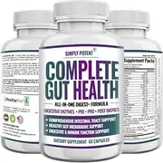 Simply Potent Complete Gut Health, Digestive Enzymes Plus Prebiotic, Probiotic & Post Biotic Gastrointestinal Support, Supports Gut Health & Immune Function, 60 Capsules 60 Count (Pack Of 1)