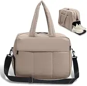 Puffy Gym Bag Travel Duffel Bag with Shoes Compartment Women Puffer Tote Bag Overnight Weekender Bag for Sports, Yoga, Travel, Camel