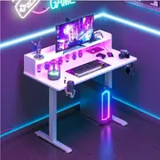 Advwin Electric Standing Desk LED RGB Lights & Power Outlets Computer Desk with Monitor Stand White
