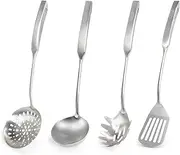 Newness Kitchen Utensil Set, 4pcs - 304 Stainless Steel Cooking Utensil Set with Skimmer Slotted Spoon, Spatula Turner, Spaghetti Server and Soup Ladle, Heat Resistant Kitchen Gadgets Tools for Gift