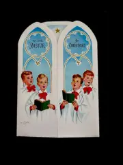 1 VTG Marjorie Cooper Xmas Greeting Card Handsome Choir Boys Singing At Church