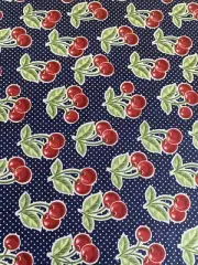 2¾+ Yards Blue w/White Polka Dot & Red Cherries Fabric Waverly Continuous Piece