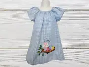Flutter Sleeve Seersucker Girls Dress, Birthday Peasant Dress, Gingham Peasant D