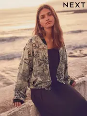 Gold Sparkle Palm Embroidered Bomber Jacket (B11678) | $128