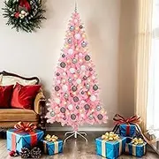 vidaXL Pink Artificial Christmas Tree, 180 cm PVC, Pre-Lit LEDs, Cone Shape, Festive Indoor Holiday Decor with Grey & White Ball Set