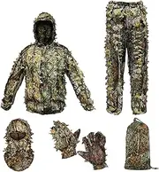 Ghillie Suit Camouflage Hunting Suit Outdoor 3D Leaf Lifelike Camo Clothing Lightweight Breathable Hooded Apparel, Dark Green, 5.9-6.2ft
