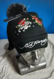 NWT Ed Hardy Women's 2 in 1 Tiger Pom Hat and Love Kills Slowly Beanie in Black