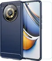 Generic TPU Cover for Realme 11 Pro + HD Tempered Glass, Carbon Fiber Shell Bumper Protective Back Case - Anti-Scratch Screen Protector for Realme 11 Pro (6,7") - Blue