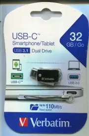 Verbatim USB C 3.0 Dual Drive Flash Memory Stick 32 GB NEW 110 MB/s read speed