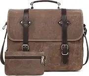 [Wogarl] 2PCS Mens Messenger Bag 15.6 Inch Genuine Leather Waxed Canvas Computer Laptop Bag Briefcase Satchel Shoulder Bag