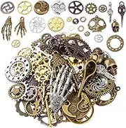 100g(Approx 76pcs) Assorted Colors Antique Metal Steampunk Clock Gear Cog Wheel Skull Key Skull Hand Safety Pin Charms Pendant Jewelry Charms for Craft Jewelry Making Accessory