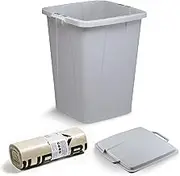 DURABIN 90L Grey Rectangular Wastebin and Grey Lid and 110L Dustbin Bags 25 Pack Strong Plastic Bag for Rubbish Recycling Food Safe with Blue Angel Certified Bin Liners for Home Office Schools
