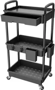 REBECAT Rolling 3 Tier Utility Cart with Drawer Storage Organizer Tool, Black