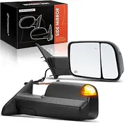 A-Premium Towing Mirrors - Compatible with Ram 1500 2019 2020 2021 2022 - Manual Folding Heated Black - with Power Glass Turn Signal Blind Spot Detection Puddle Light Temperature Sensor - Pair Set