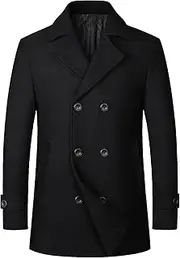 [Sukany] Men's Casual Wool Blend Coat Jacket Warm Classic Double Breasted Notched Collar Pea Coat, Black, L