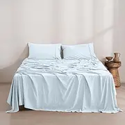 Dreamaker Queen Microfiber Sheet Set, Ultra Soft Plush Pre Washed Microfibre Bedding, Flat Sheet, Extra Deep 40cm Fitted Sheet & 2 Pillowcase, 4 Pieces, Ice Blue, Queen Bed