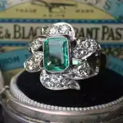 Art Deco Style Emerald Lab-Created Diamond & Emerald Ring 14K White Gold Finish