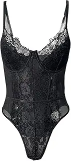 [Generic] Women Eyelash Lace Bodysuit Lingerie One Piece Mesh Babydoll Underwire Floral Lace Deep V Neck Underwear
