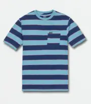 NEW Boy's Volcom Maxer Crew Striped T-Shirt - Sky Blue & Navy With Coral - Large