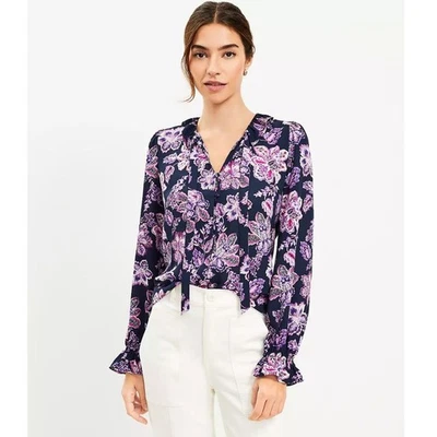 LOFT Purple Floral Tie Neck Button Blouse Top Size XL Ruffle Chiffon New