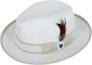 [Richman Brothers] Men's Polybraid Fedora Hat with Grossgrain Ribbon and Feather, Large/XL, White