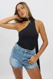 Black One Shoulder Top Scarf Neck - Size 12M, Women's Top