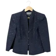 THEIA Sequin Jacket Blazer Dark Blue Three Button, New w/ Tags, Size 4