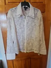 Nabi Sheer White Floral Blouse Buttons Down Rayon Cotton Blend Size 2X NWT