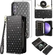 [Asuwish] Phone Case for Samsung Galaxy S23 FE 5G Zipper Wallet Detachable Cell Cover with Tempered Glass Screen Protector Crossbody Strap Glitter Flip Card Holder Slot S 23 EF S23FE 23S Women Men Black