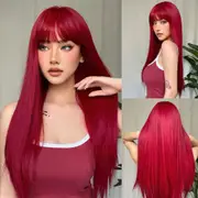 Long Straight Wine Red Wig with Bangs