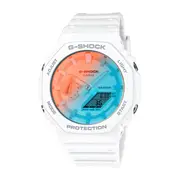 Casio G Shock Duo Beach Time Lapses Stopwatch World Time Alarm 200M Water Resistant Blue/Pink Face White Resin Band GA2100TL-7A