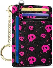 [METALPHA] Credit Card Holder Slim Wallet, Small Wallets Woman RFID Wallet Women, Front Pocket Cute Funny Mini Thin ID Card holders, pink skull, Aesthetic Small Credit Card Holder With Front Pocke and