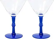 Lilly Pulitzer Glass Martini Glassic with Blue Bamboo Stem, Cute Cocktail/Bar/Coupe Glasses, Set of 2, Blue Stream