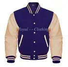 Baseball Varsity Letterman Bomber Navy Wool & Genuine Cream Leather Sleeves