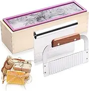 BOOWAN NICOLE Soap Making Kit for Adults 42oz Loaf Rectangular Soap Mold with Wooden Box Wavy & Straight Slicer Melt and Pour or Cold Process Tool Set