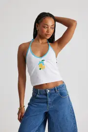 [Factorie] Factorie - Graphic Halter Top - White/lemons M WHITE/LEMONS