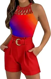 [Generic] Back Coverage Swimsuit Shorts Set Sleeveless Vest Top Suit Shorts Two Piece Set Floral Print Basic Tank Top & Shorts Set for Woman with Belt Princess Swimsuit