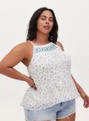 NWT $45 Torrid Size 2X Ditsy Floral Crinkled Chiffon Relaxed Cami White Blue