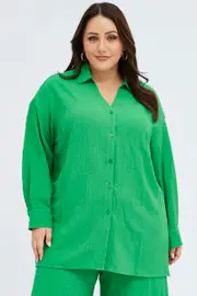 Green Textured Shirt Crinkle Button Through Oversized