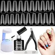 Beetles Coffin Nail Tips Nail Gel Kit, 2 In 1 Nail Gel Base Coat with Long False Nail and U V LED Nail Lamp for Gel Art Liner Polish Extension Different Nail Art Ideas DIY Home Manicure