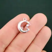 BULK 20 Crescent Moon Charms Silver Tone With Inset Pink Rhinestones - SC7444